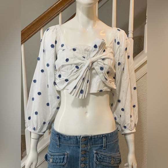 Farm Rio 100%Cotton Boohoo White and Blue Floral Long Sleeves Women's Top S M - Picture 2 of 14